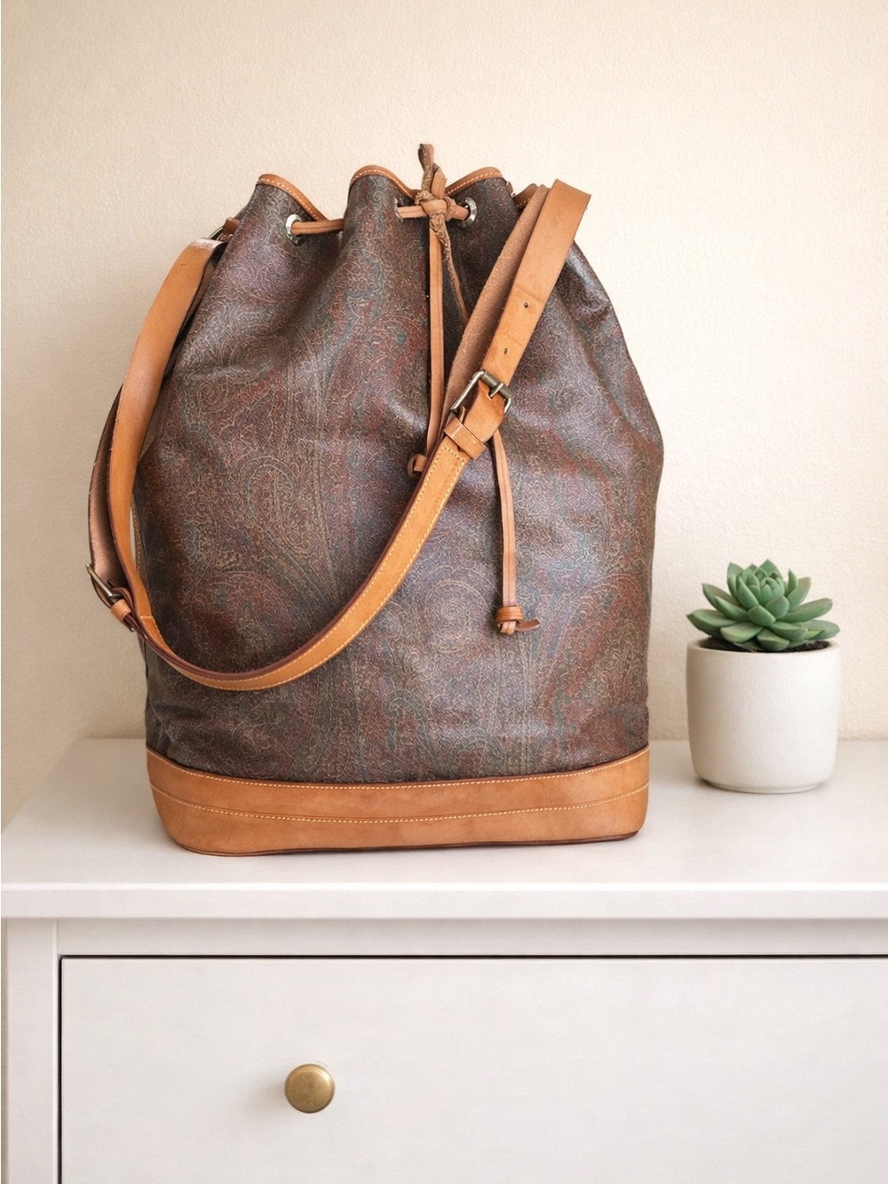 ETRO Milano Brown Red Paisley Drawstring Bucket PVC Canvas Shoulder Bag Large